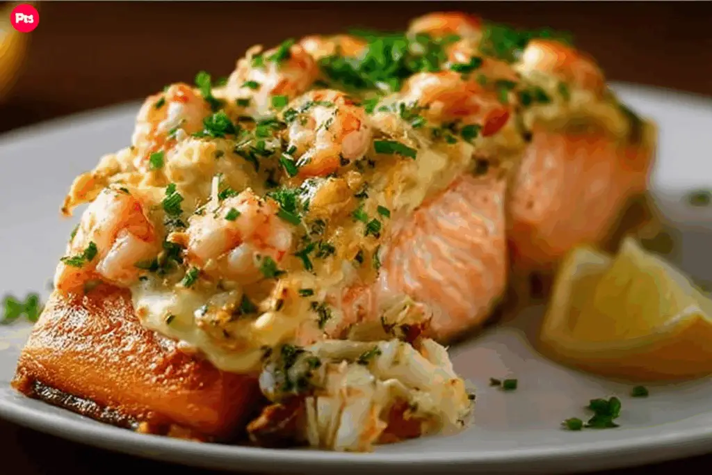Crab and Shrimp Stuffed Salmon with creamy filling on plate