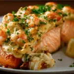 Crab and Shrimp Stuffed Salmon with creamy filling on plate