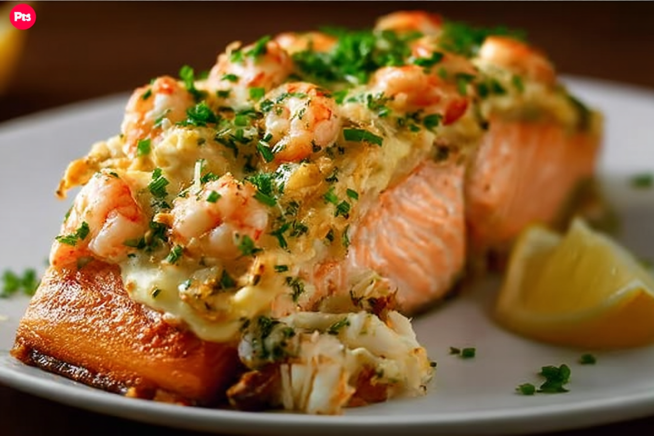 Crab and Shrimp Stuffed Salmon with creamy filling on plate