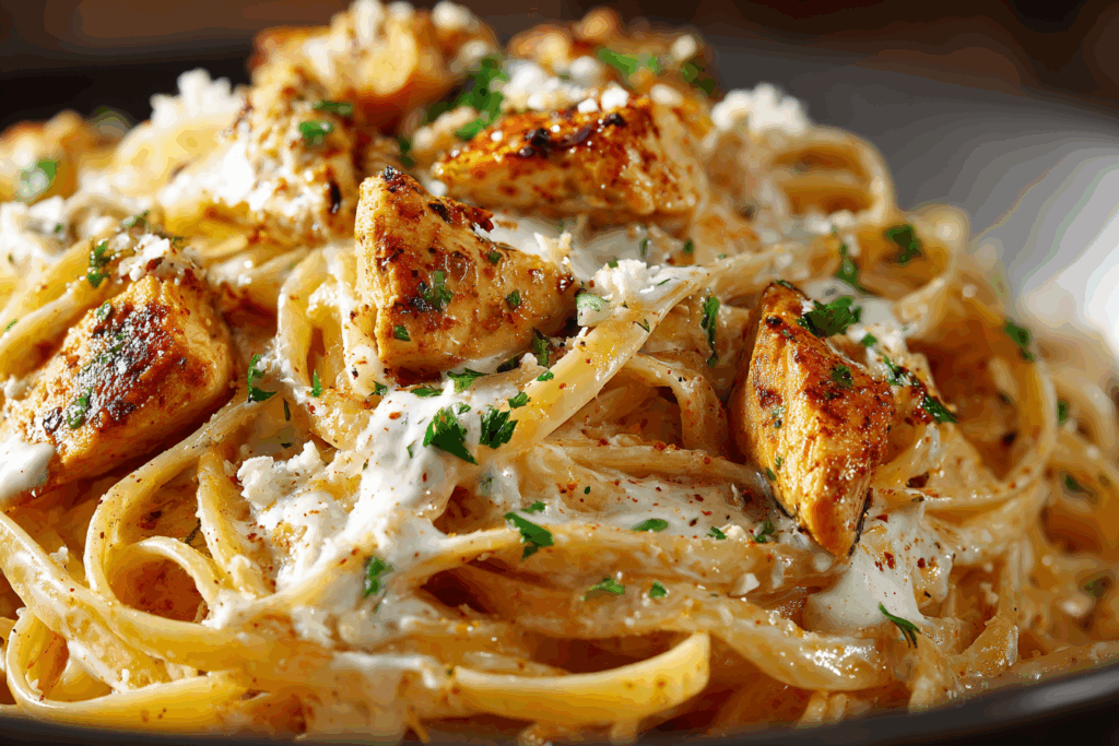 Creamy Cajun chicken linguine with garlic mozzarella sauce served fresh