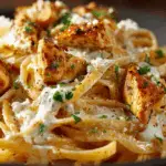 Creamy Cajun chicken linguine with garlic mozzarella sauce served fresh