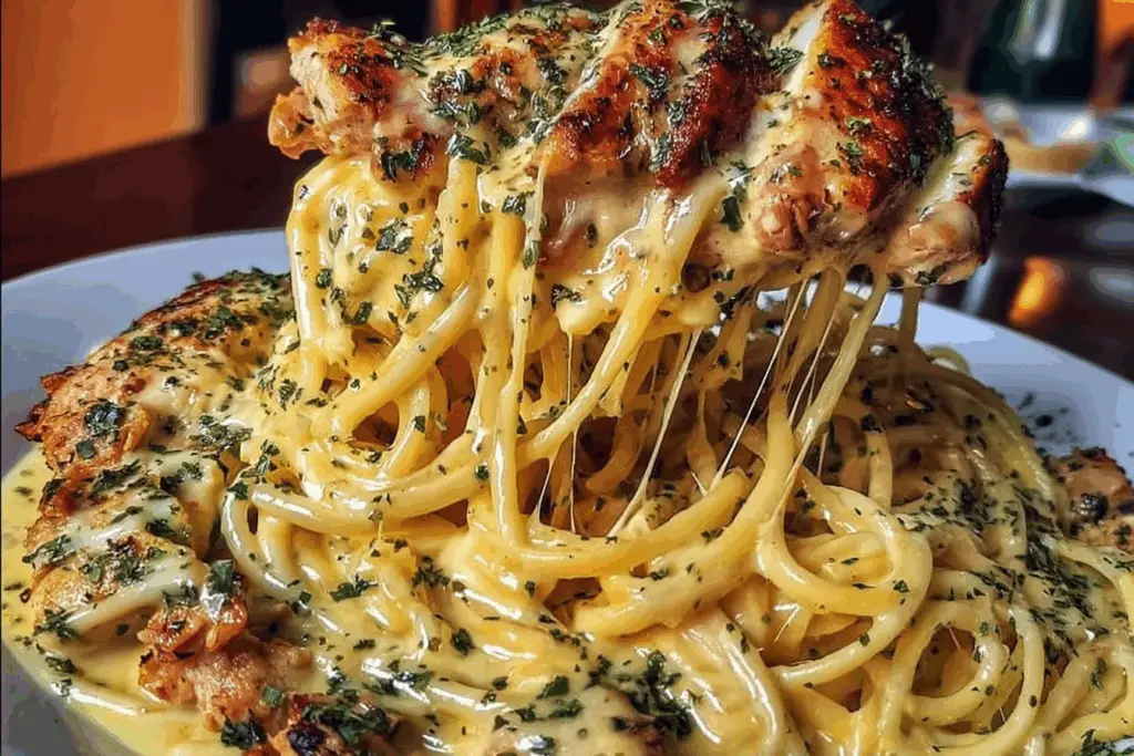 Creamy Cajun chicken linguine with garlic mozzarella sauce, tossed with tender chicken strips, pasta, and fresh herbs