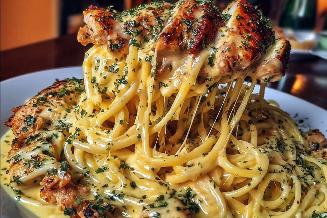 Creamy Cajun chicken linguine with garlic mozzarella sauce, tossed with tender chicken strips, pasta, and fresh herbs