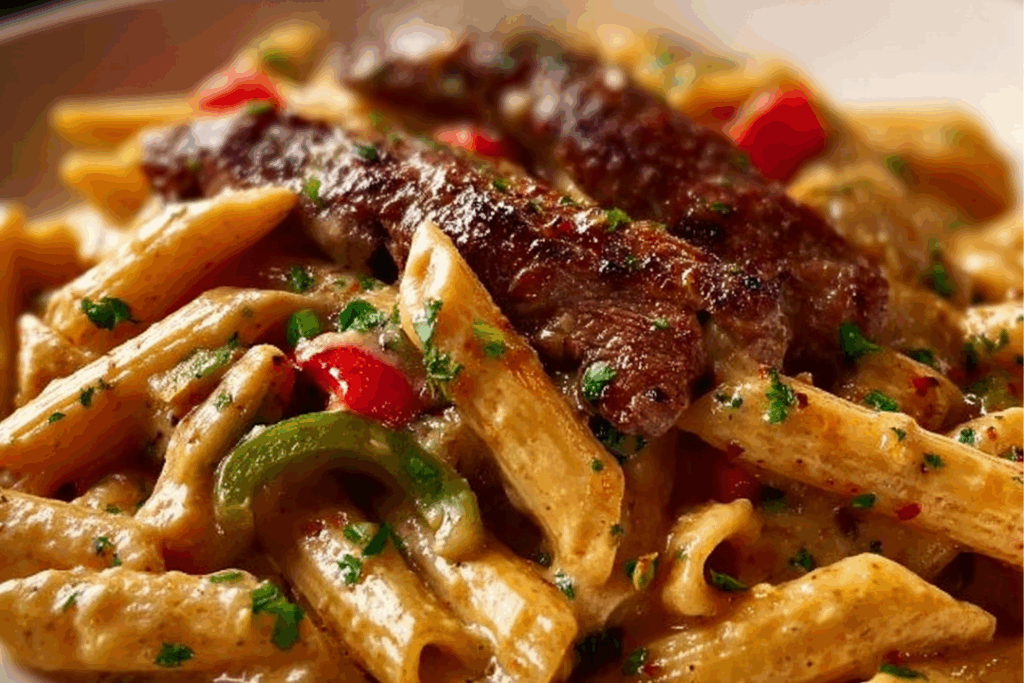 Creamy Cajun steak penne with garlic & Parmesan in a bowl