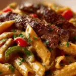 Creamy Cajun steak penne with garlic & Parmesan in a bowl