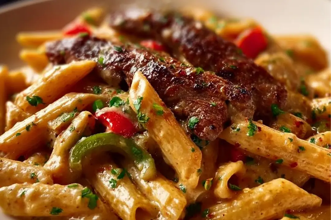 Creamy Cajun steak penne with garlic & Parmesan in a bowl