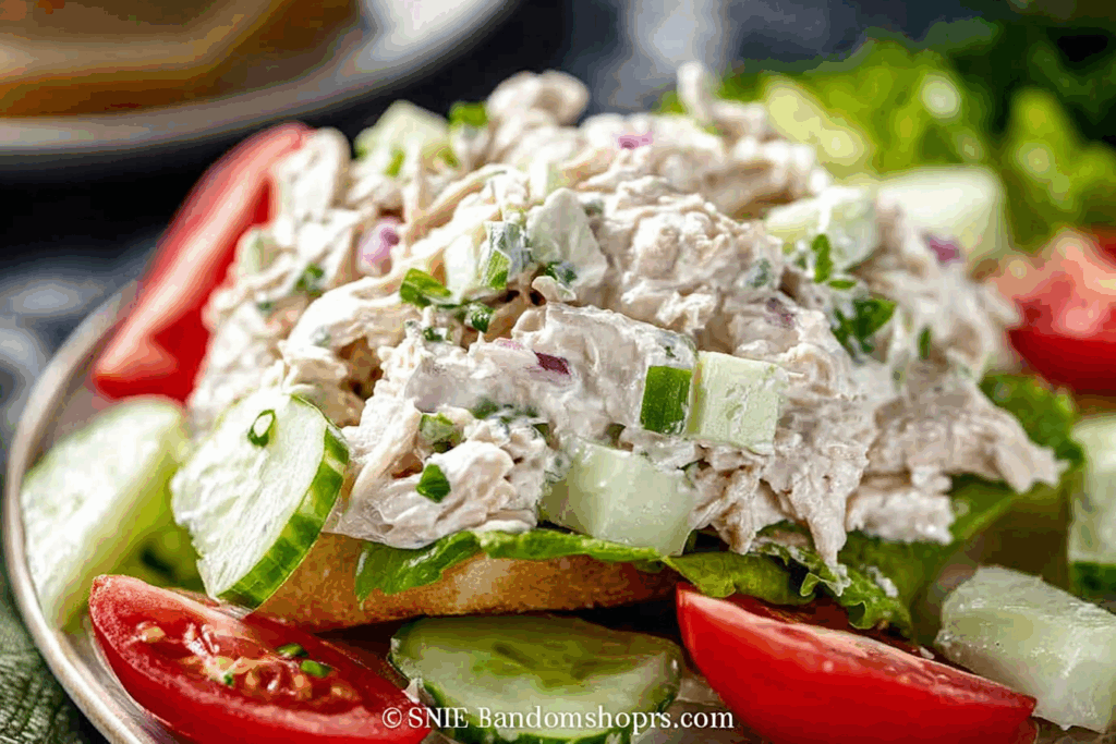Creamy chicken salad recipe served in a rustic bowl with croissants