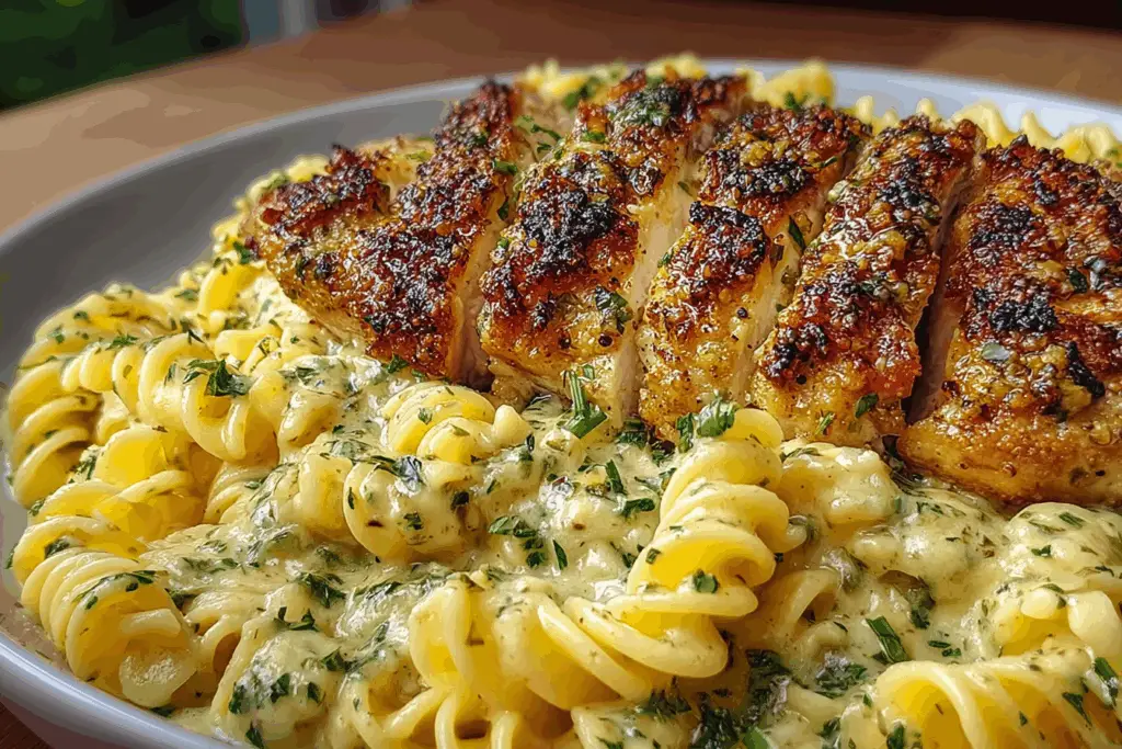 creamy garlic parmesan chicken with cheesy twisted pasta in a white bowl