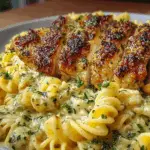 creamy garlic parmesan chicken with cheesy twisted pasta in a white bowl