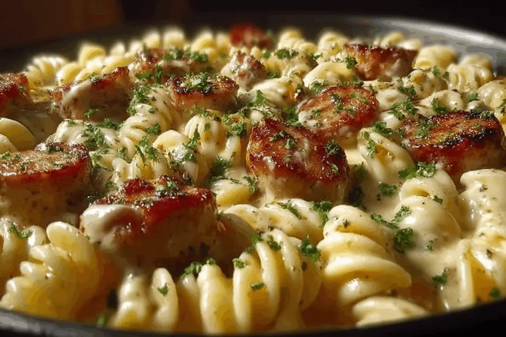 Creamy Pepper Jack Chicken & Sausage Pasta served hot with fresh parsley