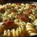 Creamy Pepper Jack Chicken & Sausage Pasta served hot with fresh parsley