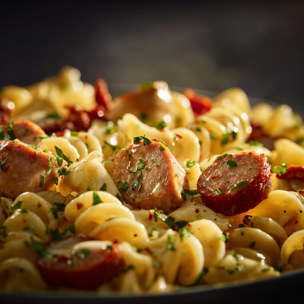 Creamy Pepper Jack Chicken & Sausage Pasta served with salad and garlic bread