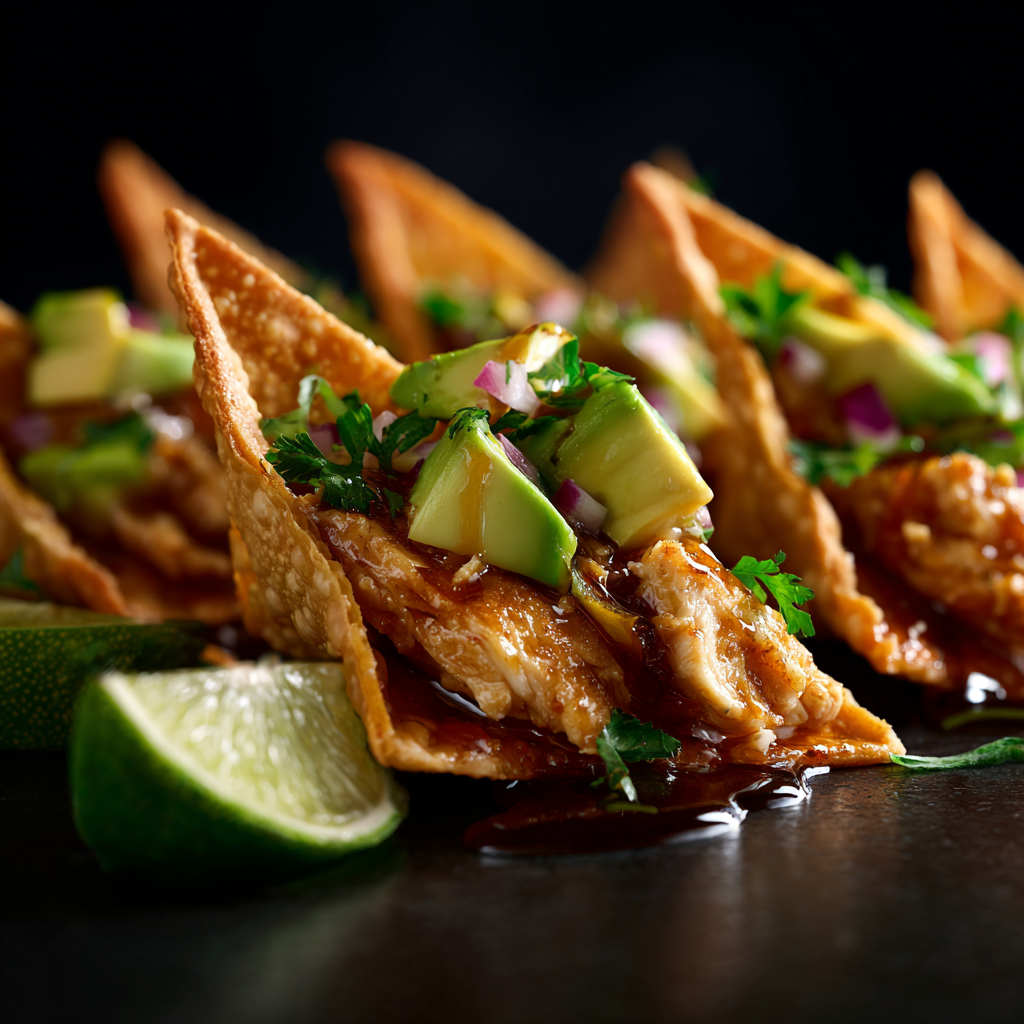 Crispy wonton taco shells frying for chicken tacos