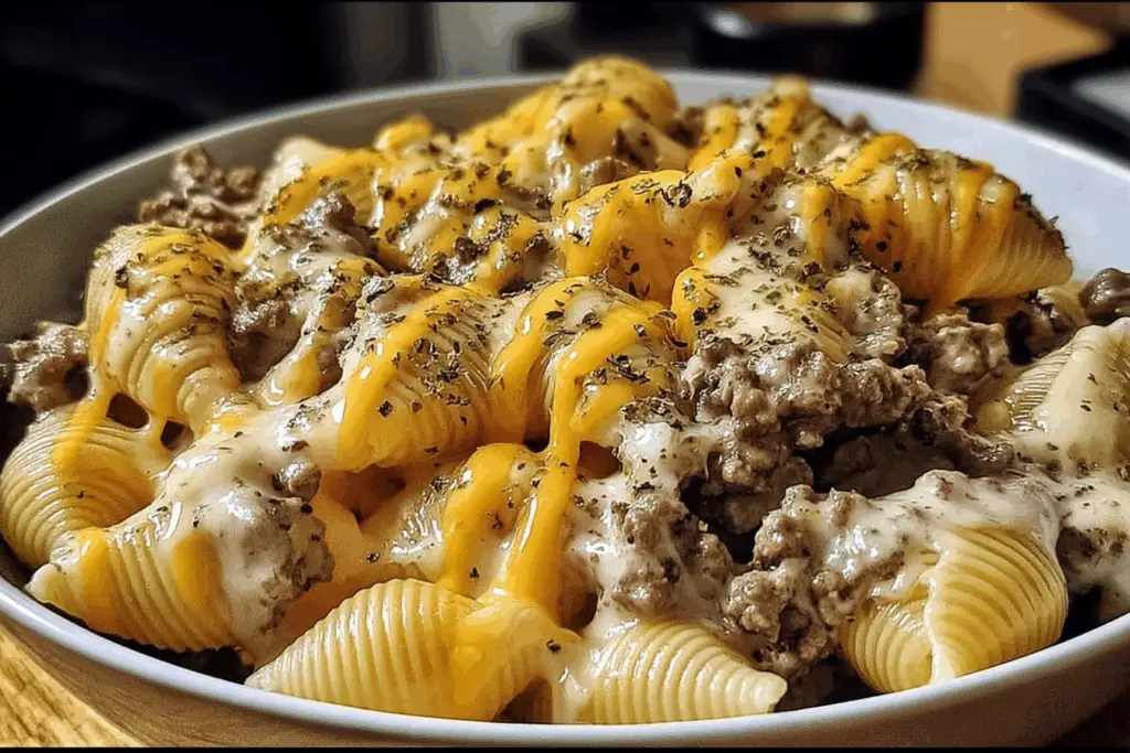 Crockpot cheesy ranch beef pasta shells with ground beef, creamy cheese sauce, and shell pasta, garnished with parsley