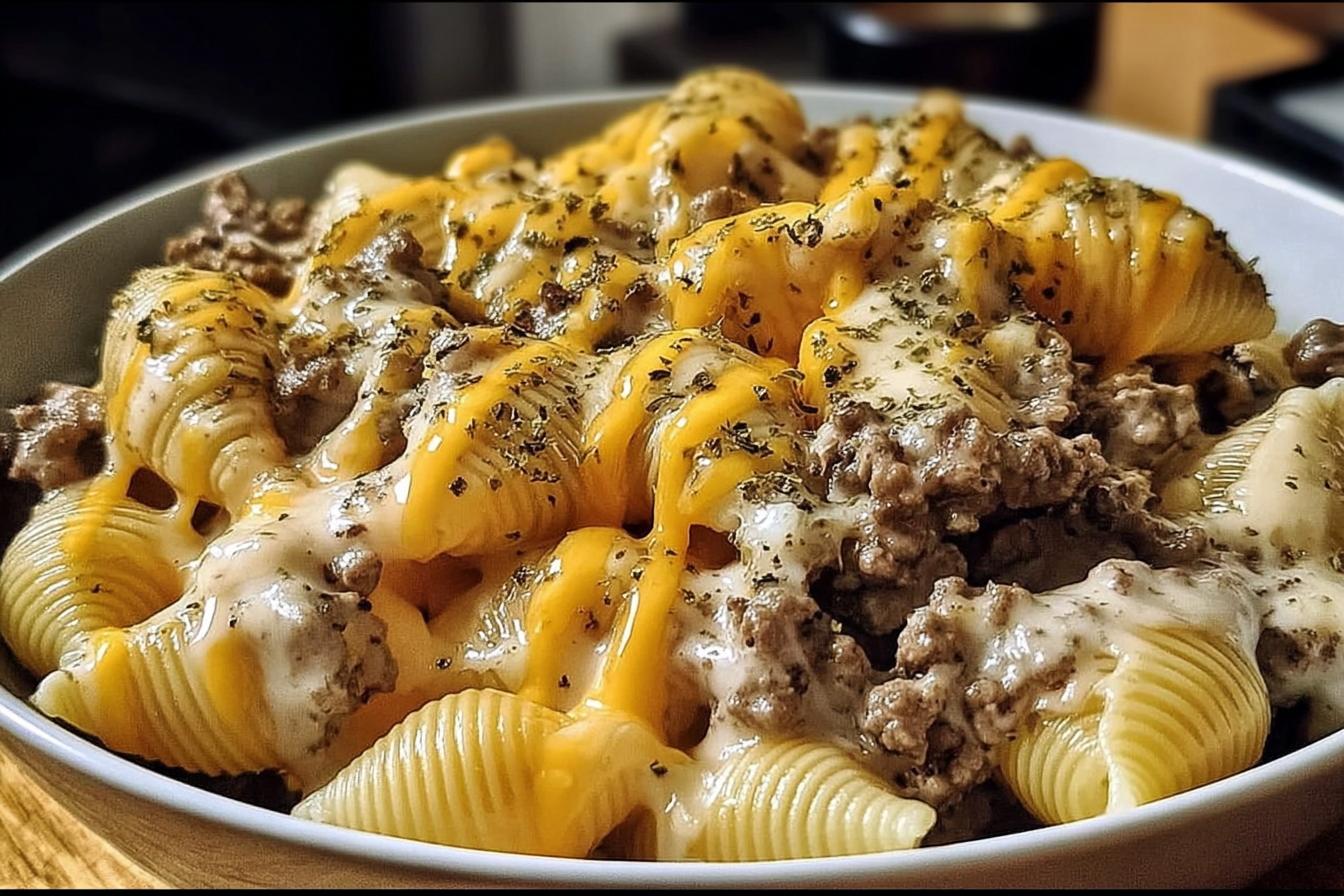 Crockpot cheesy ranch beef pasta shells with ground beef, creamy cheese sauce, and shell pasta, garnished with parsley