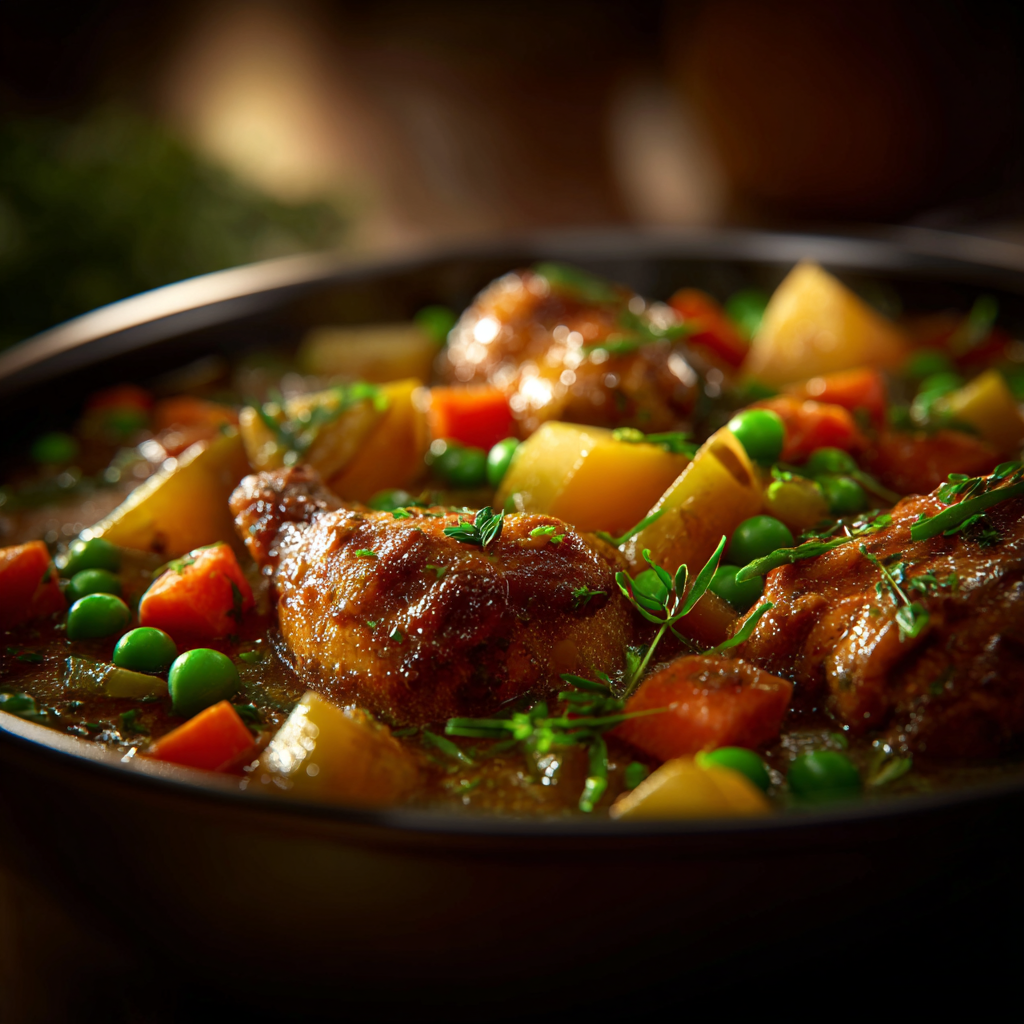 Hearty chicken and vegetable stew served from a slow cooker