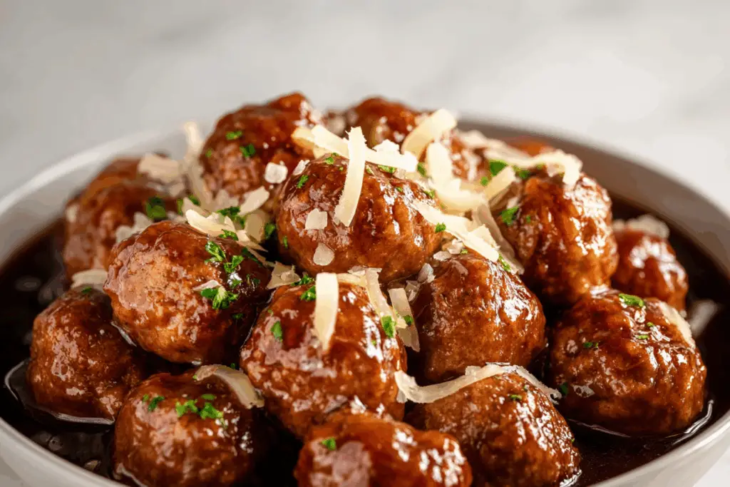 Crock Pot French Onion Meatballs with melted Gruyère cheese