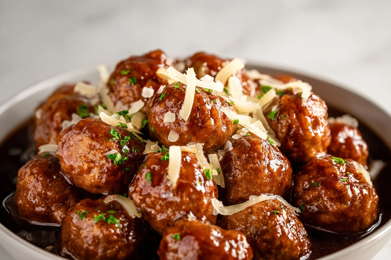 Crock Pot French Onion Meatballs with melted Gruyère cheese