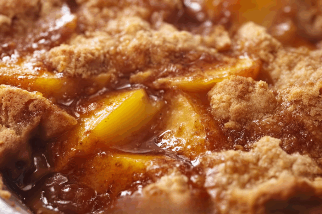 Double crust brown butter peach cobbler freshly baked with flaky golden crust in a ceramic dish