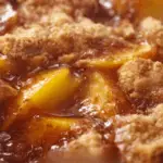 Double crust brown butter peach cobbler freshly baked with flaky golden crust in a ceramic dish