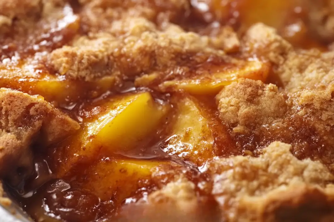 Double crust brown butter peach cobbler freshly baked with flaky golden crust in a ceramic dish