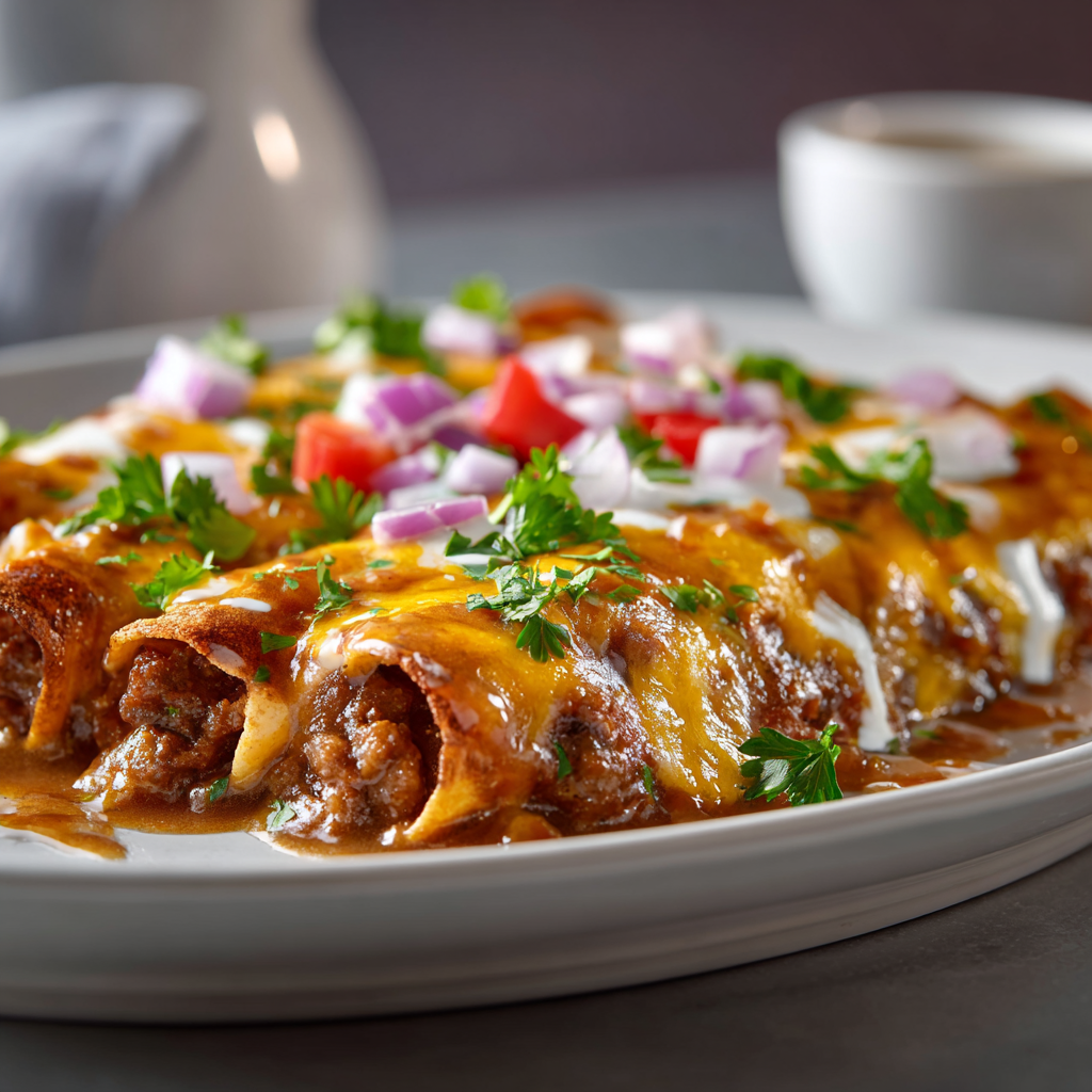 Southern Breakfast Enchiladas baking with melted cheese