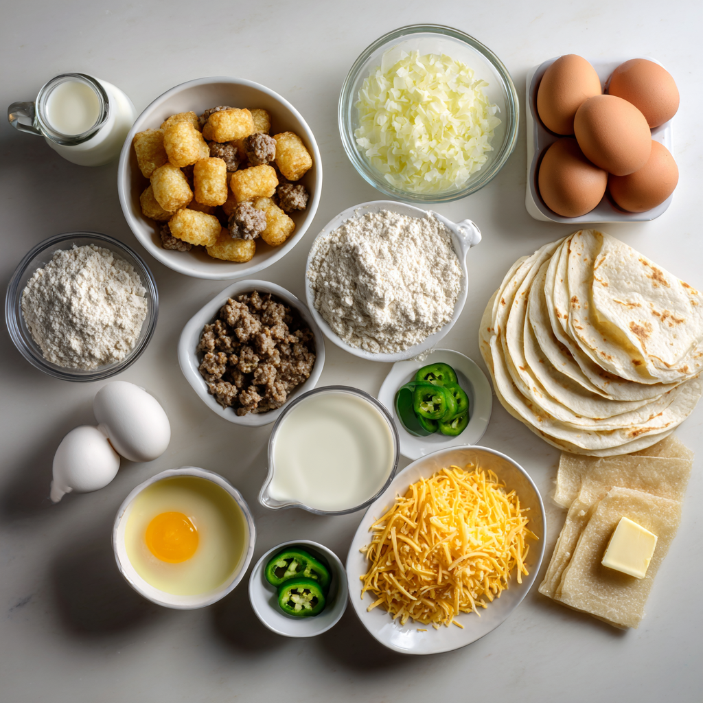 Assembling Southern breakfast enchiladas with eggs and tots