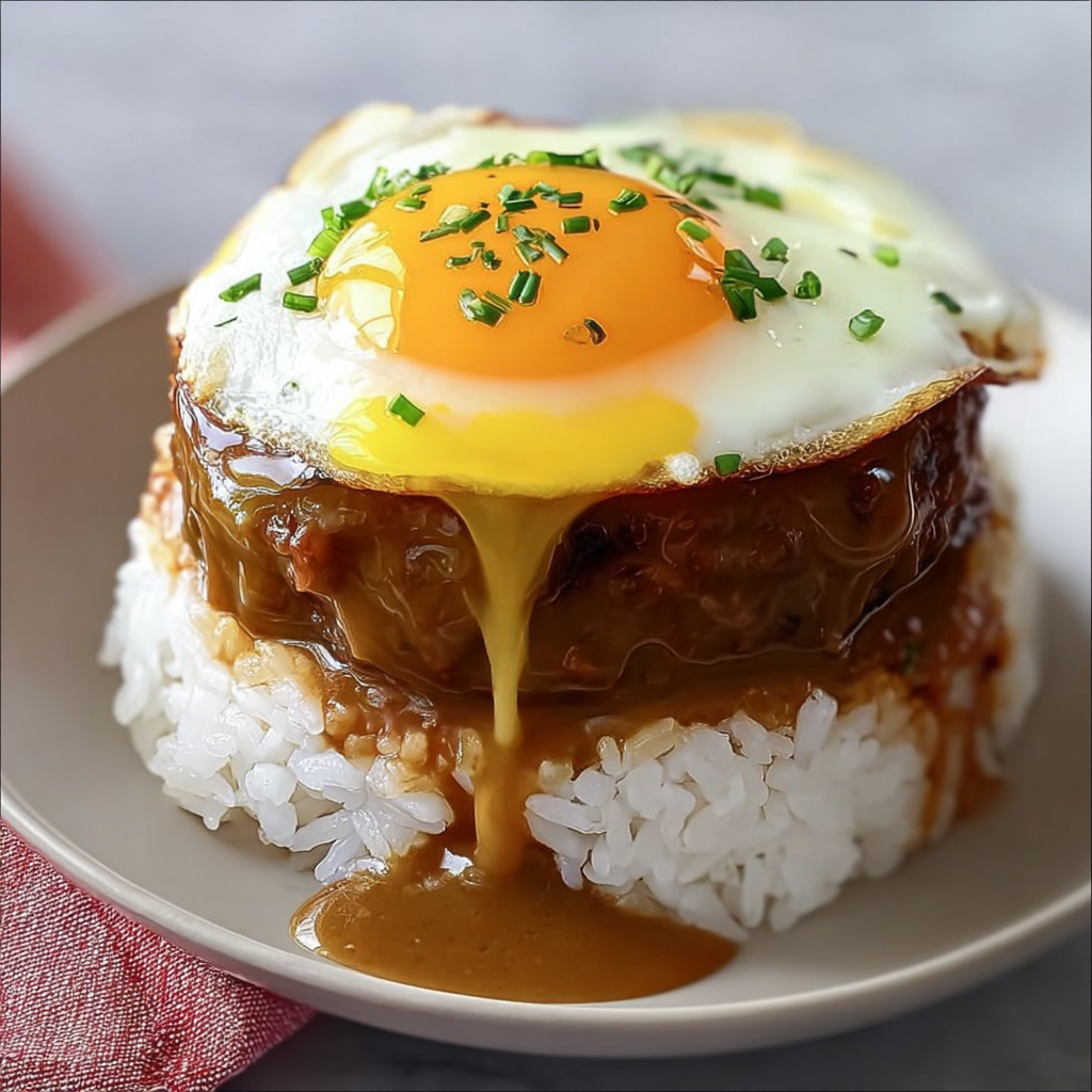 Classic Hawaiian loco moco with a beef patty, fried egg, steamed rice, and rich brown gravy served on a white plate