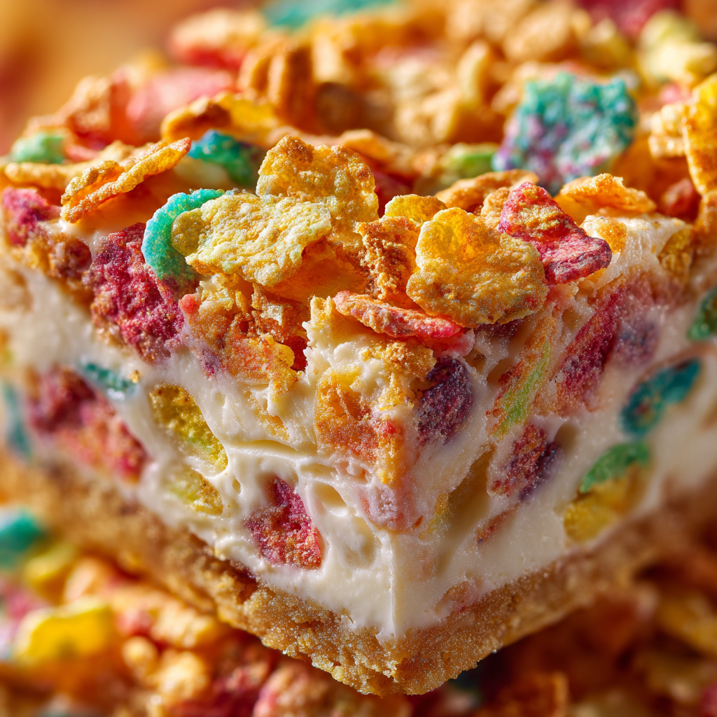 Fruity Pebbles Cookie Cheesecake Bars served with whipped cream