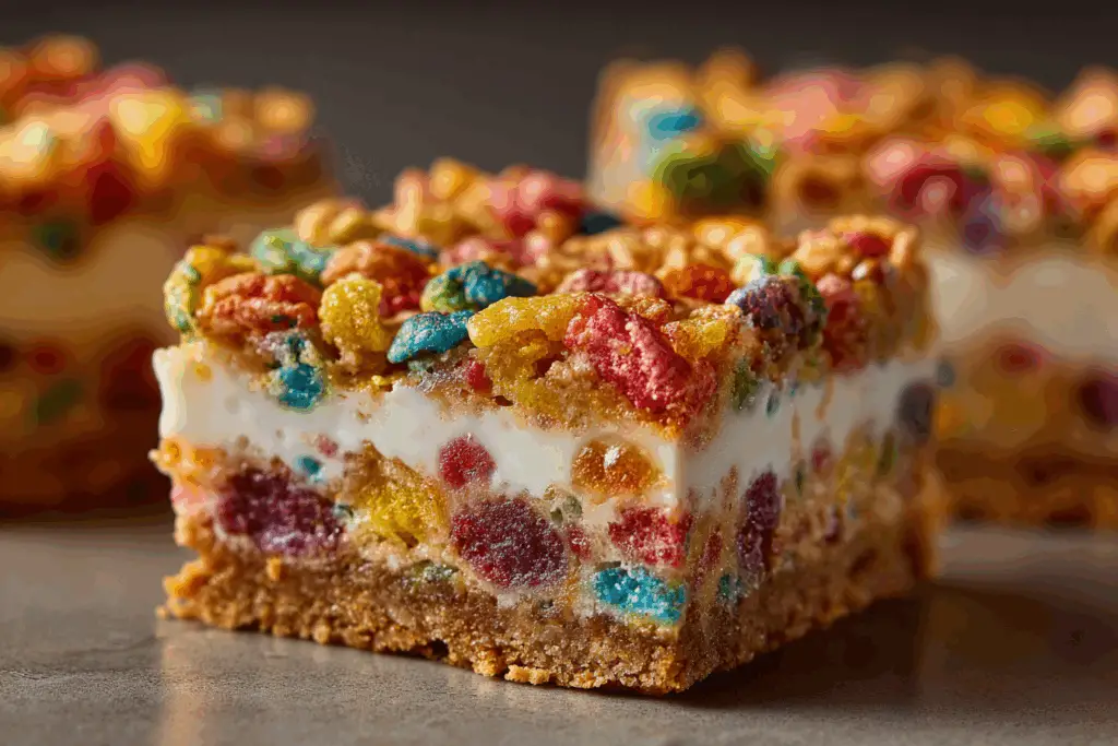 Pressing Fruity Pebbles cookie dough into baking pan