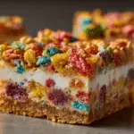 Pressing Fruity Pebbles cookie dough into baking pan