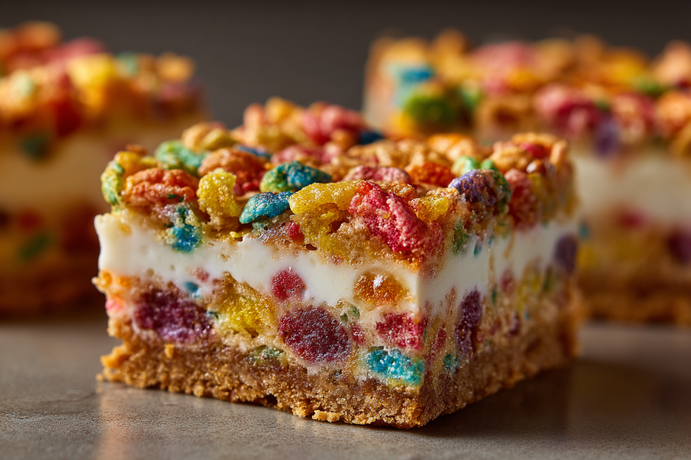 Pressing Fruity Pebbles cookie dough into baking pan