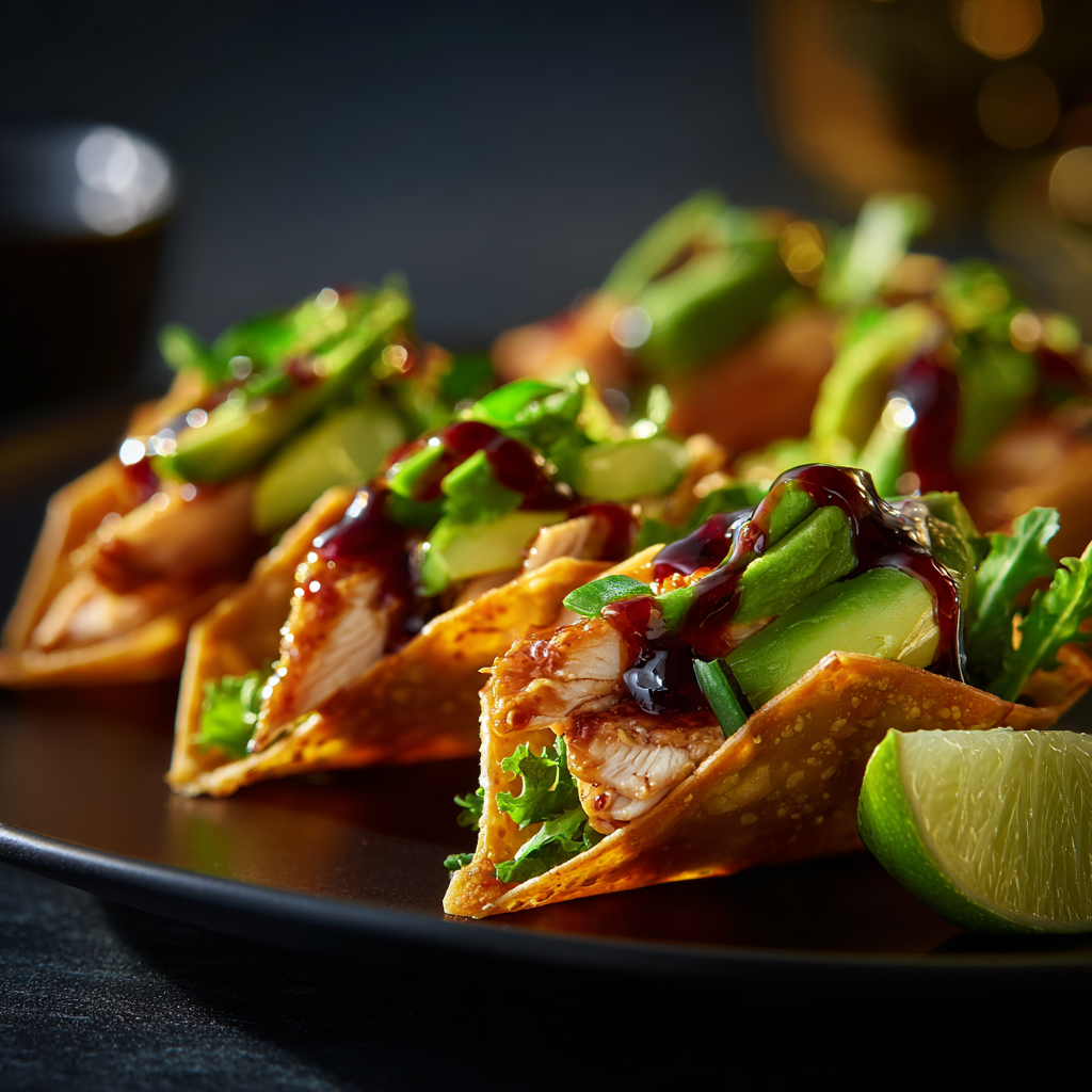 Assembled Honey Lime Chicken & Avocado Wonton Tacos