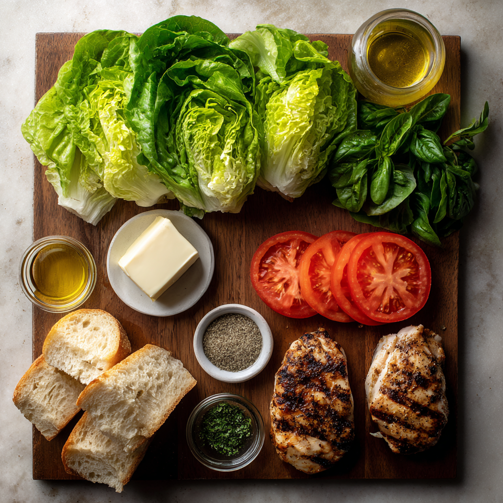 ingredients for garlic butter lettuce tomato & grilled chicken sandwich