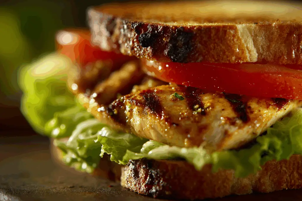 garlic butter lettuce tomato & grilled chicken sandwich close-up