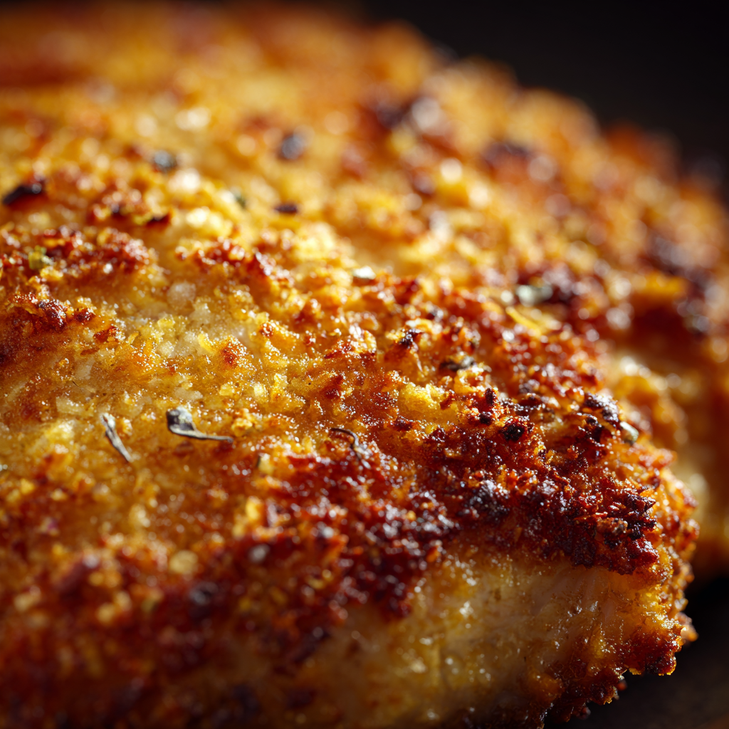 Golden Parmesan Crusted Chicken frying in skillet