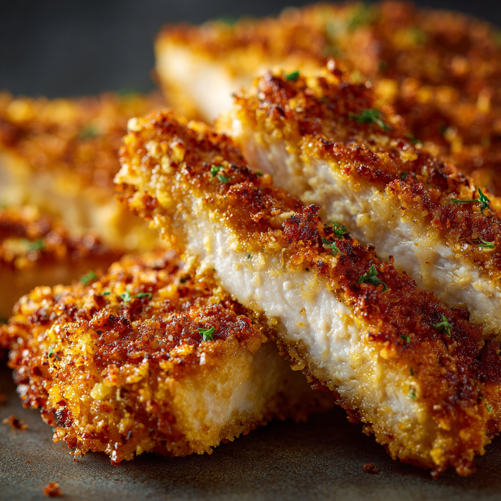 Golden Parmesan Crusted Chicken served with mashed potatoes and greens