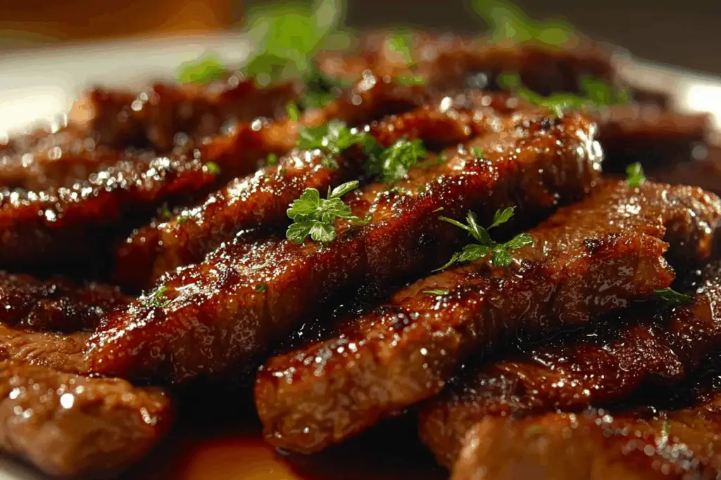 grill pan honey glazed steak strips with caramelized glaze