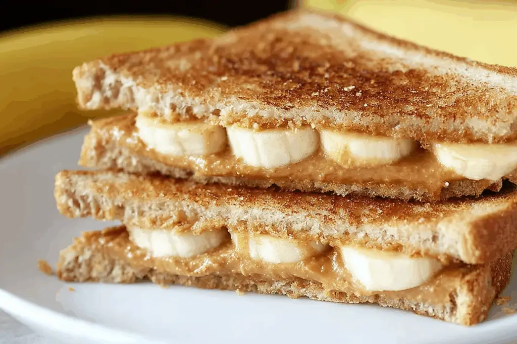 Grilled peanut butter banana sandwich with golden toasted bread