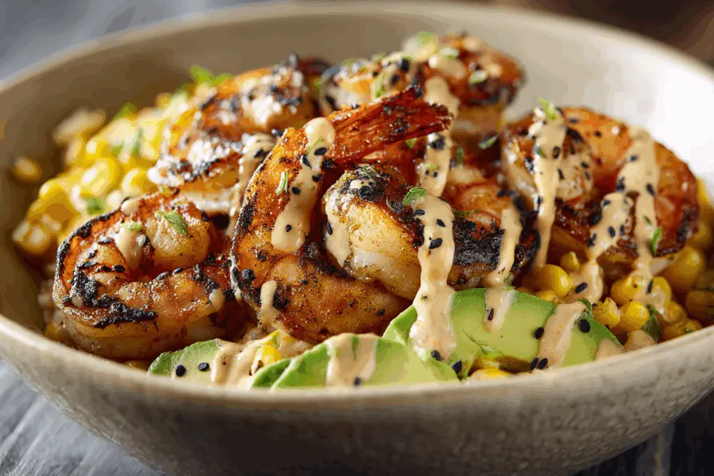 Grilled Shrimp Bowl with Avocado, Corn Salsa & Creamy Sauce