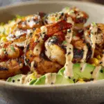 Grilled Shrimp Bowl with Avocado, Corn Salsa & Creamy Sauce