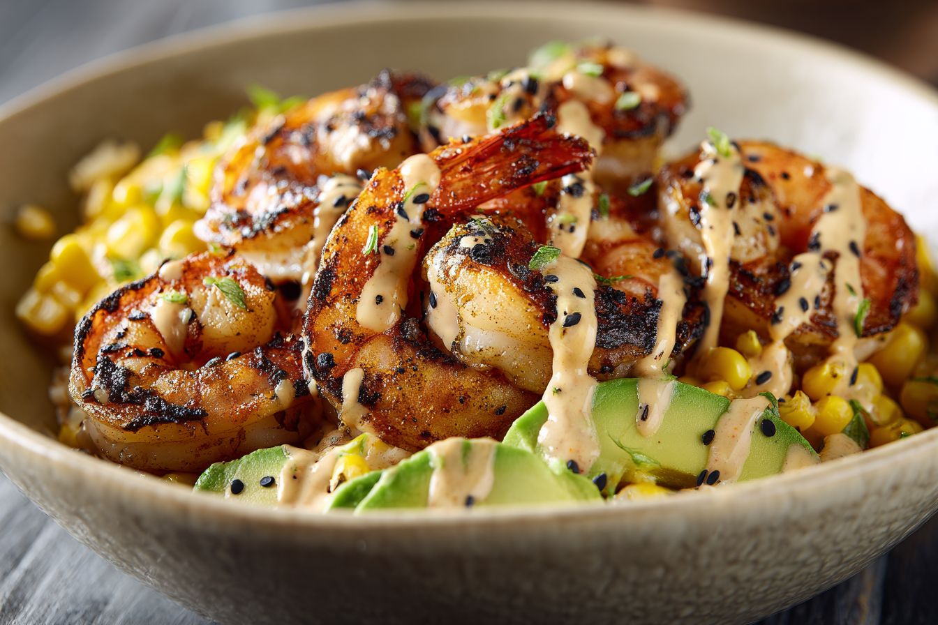 Grilled Shrimp Bowl with Avocado, Corn Salsa & Creamy Sauce