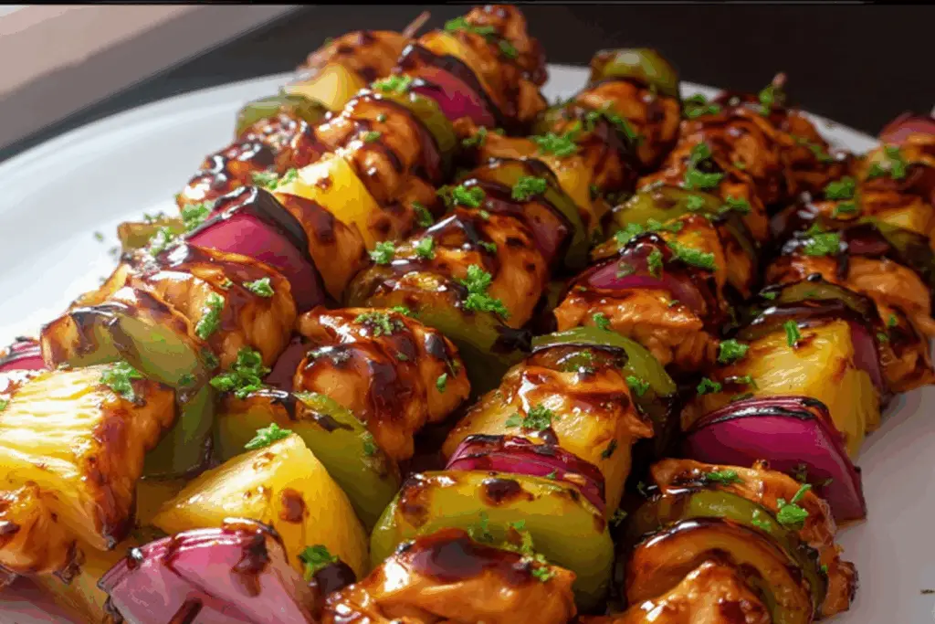 Grilled Hawaiian chicken kebabs with pineapple, bell peppers, onions, and marinated chicken chunks on skewers