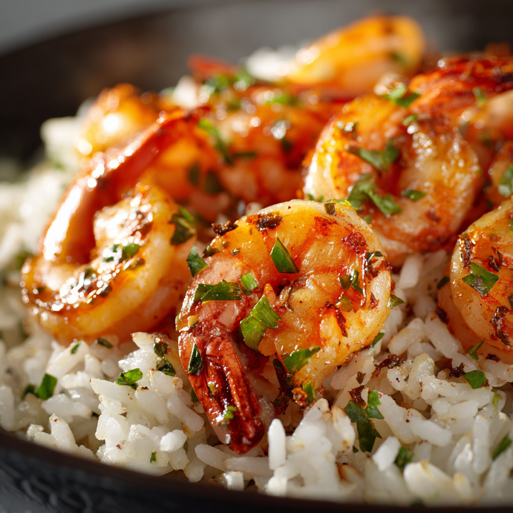 Healthy shrimp with brown rice and veggies