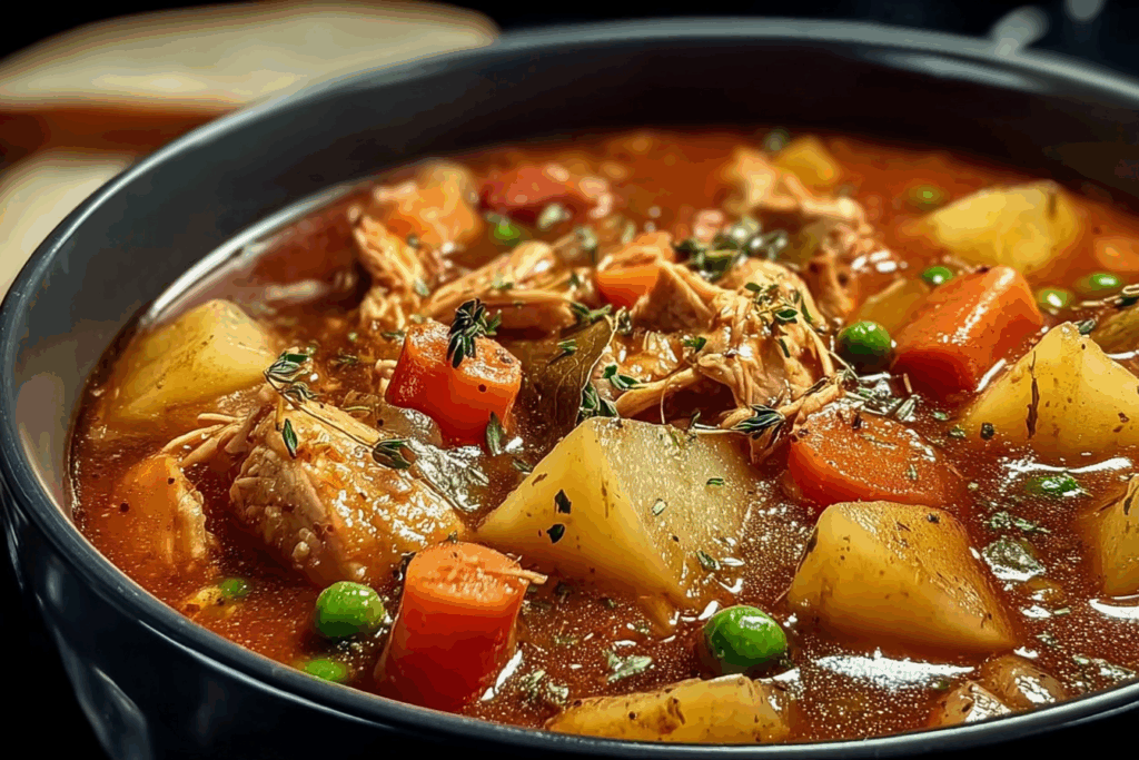 Hearty chicken and vegetable stew served hot with fresh herbs