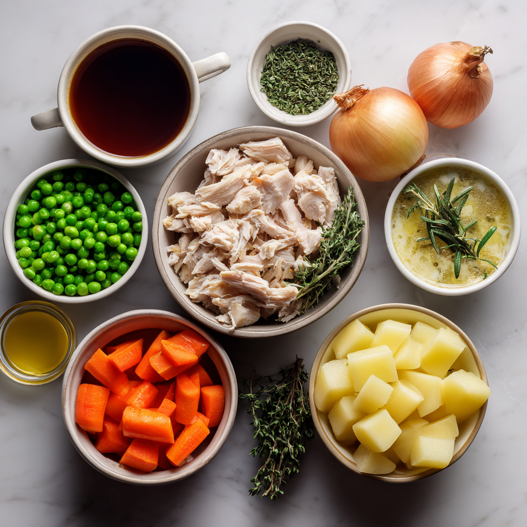 Ingredients for hearty chicken and vegetable stew laid out on a counter