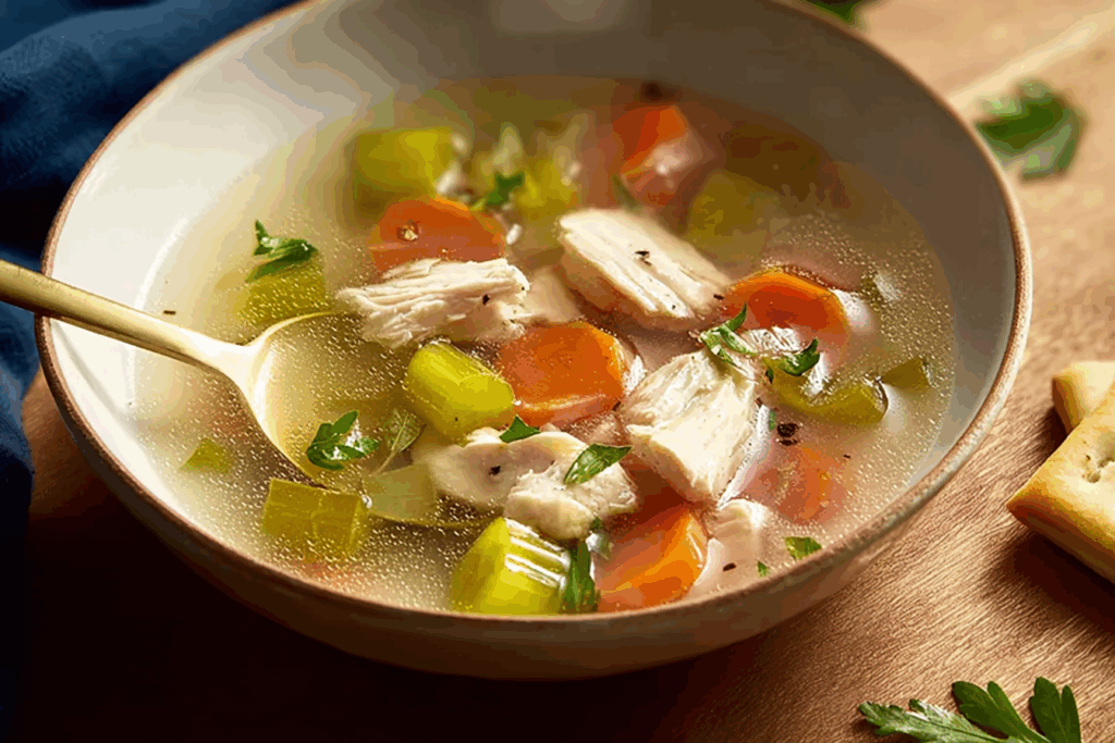 Homemade chicken noodle soup recipe with steaming golden broth, noodles, and fresh vegetables