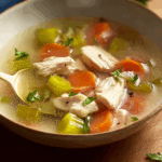 Homemade chicken noodle soup recipe with steaming golden broth, noodles, and fresh vegetables