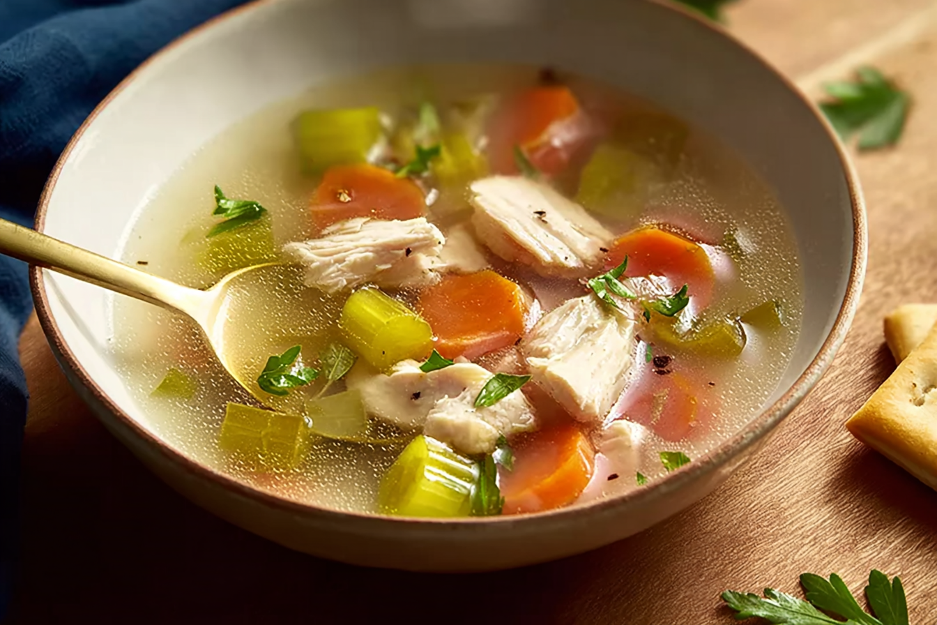 Homemade chicken noodle soup recipe with steaming golden broth, noodles, and fresh vegetables