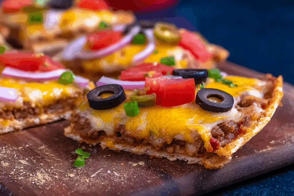Homemade Mexican Pizza with toppings and melted cheese